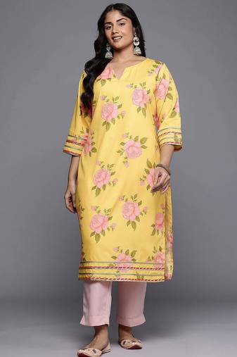Yellow printed crepe long kurtis