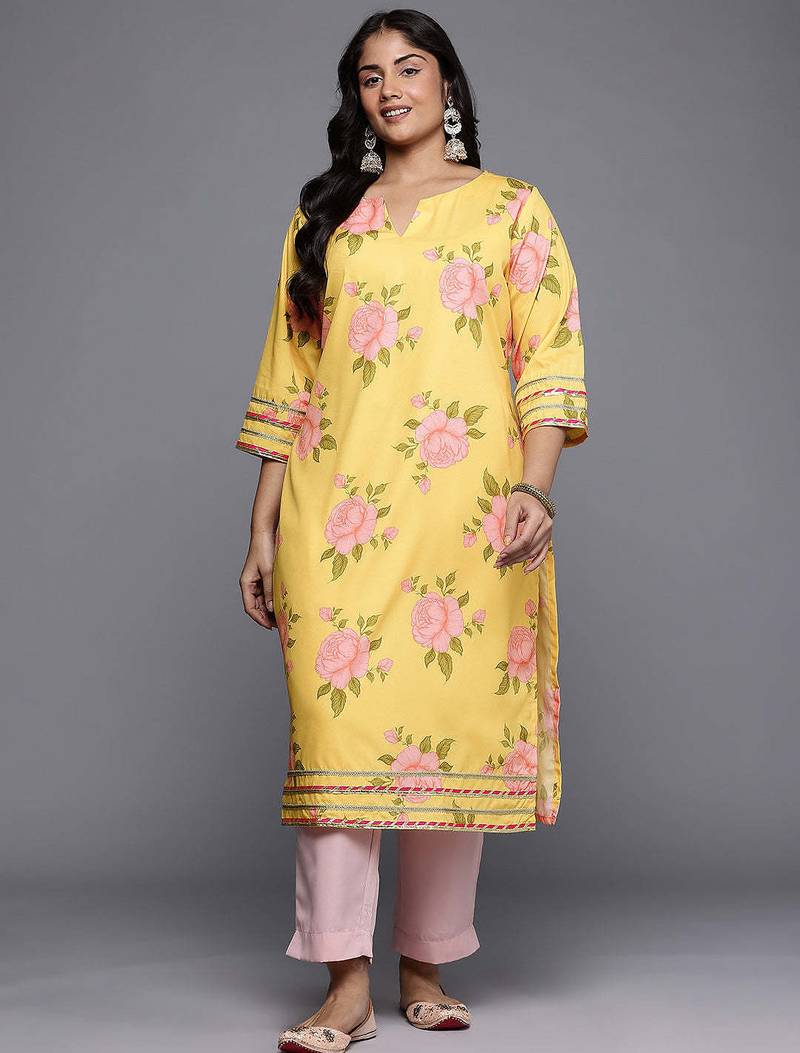 Yellow printed crepe long kurtis