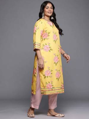 Yellow printed crepe long kurtis 3