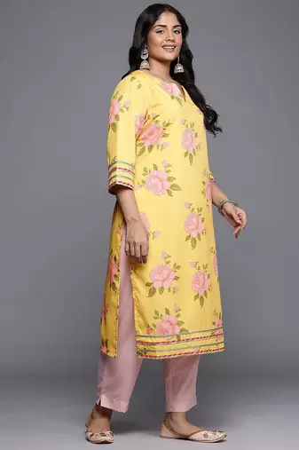 Yellow printed crepe long kurtis