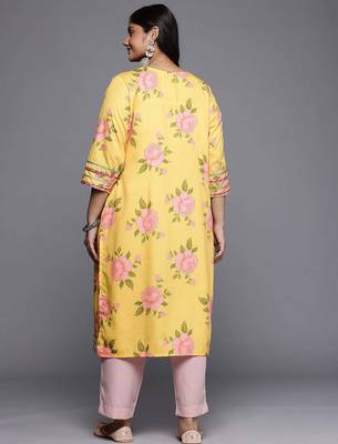 Yellow printed crepe long kurtis 4