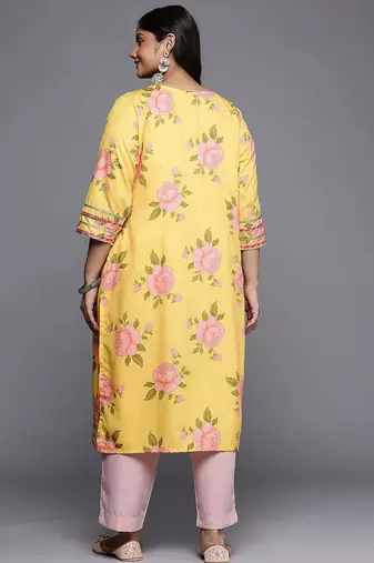 Yellow printed crepe long kurtis