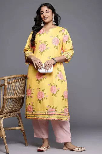Yellow printed crepe long kurtis