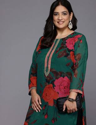 Green printed georgette long kurtis 2