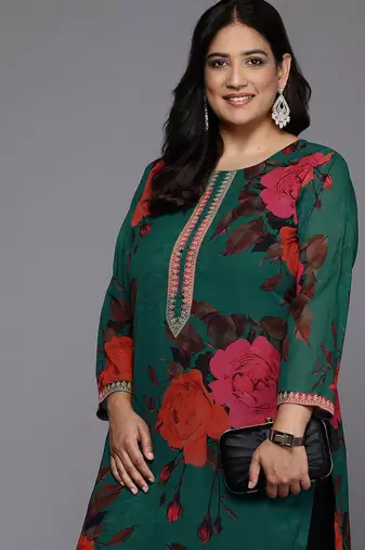 Green printed georgette long kurtis