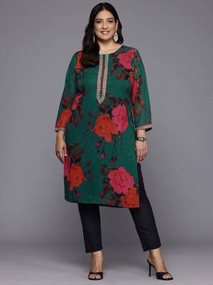 Green printed georgette long kurtis 1
