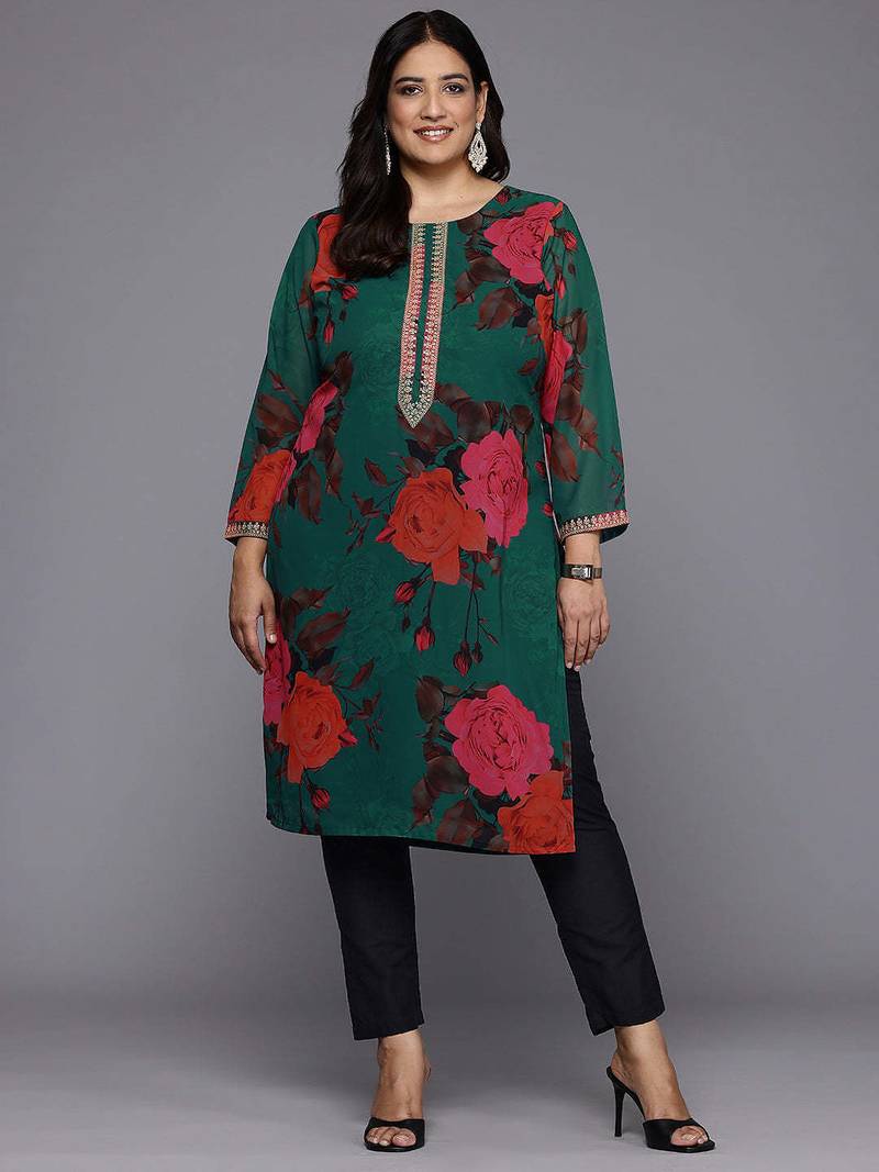 Green printed georgette long kurtis
