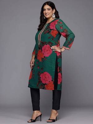 Green printed georgette long kurtis 4