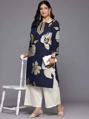 Navy blue printed georgette long kurtis 1