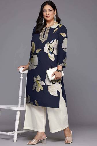 Navy blue printed georgette long kurtis