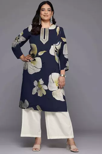 Navy blue printed georgette long kurtis