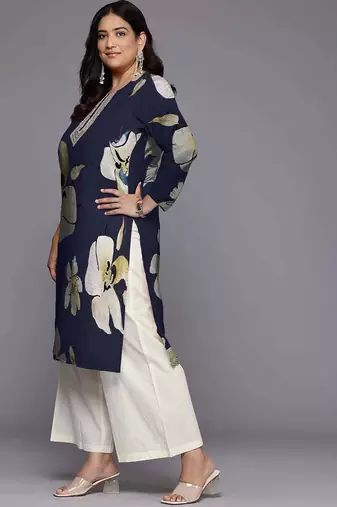 Navy blue printed georgette long kurtis