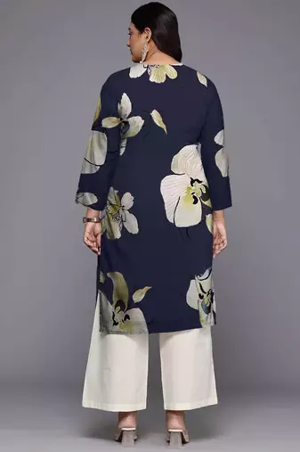 Navy blue printed georgette long kurtis