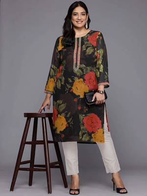 Black printed georgette long kurtis 1