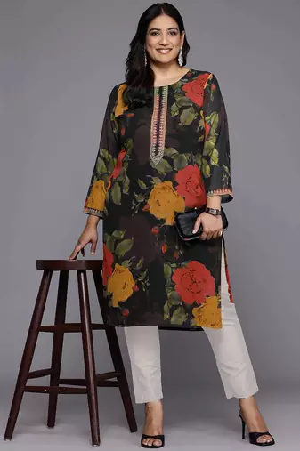 Black printed georgette long kurtis