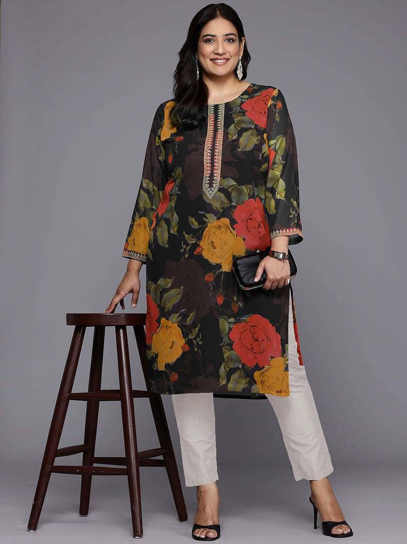 Black printed georgette long kurtis