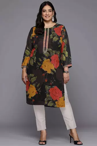 Black printed georgette long kurtis