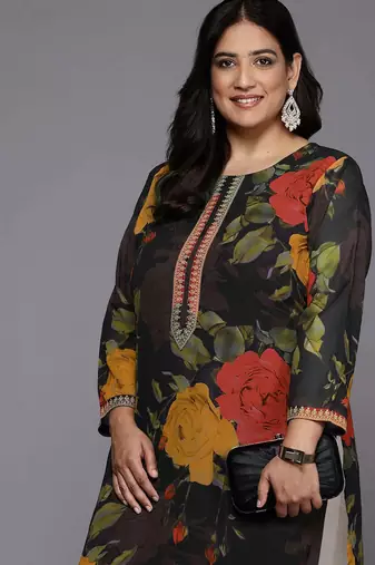 Black printed georgette long kurtis