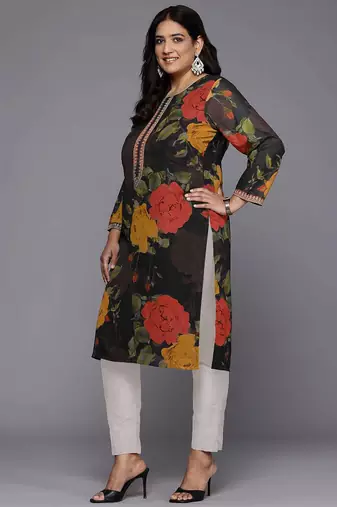 Black printed georgette long kurtis