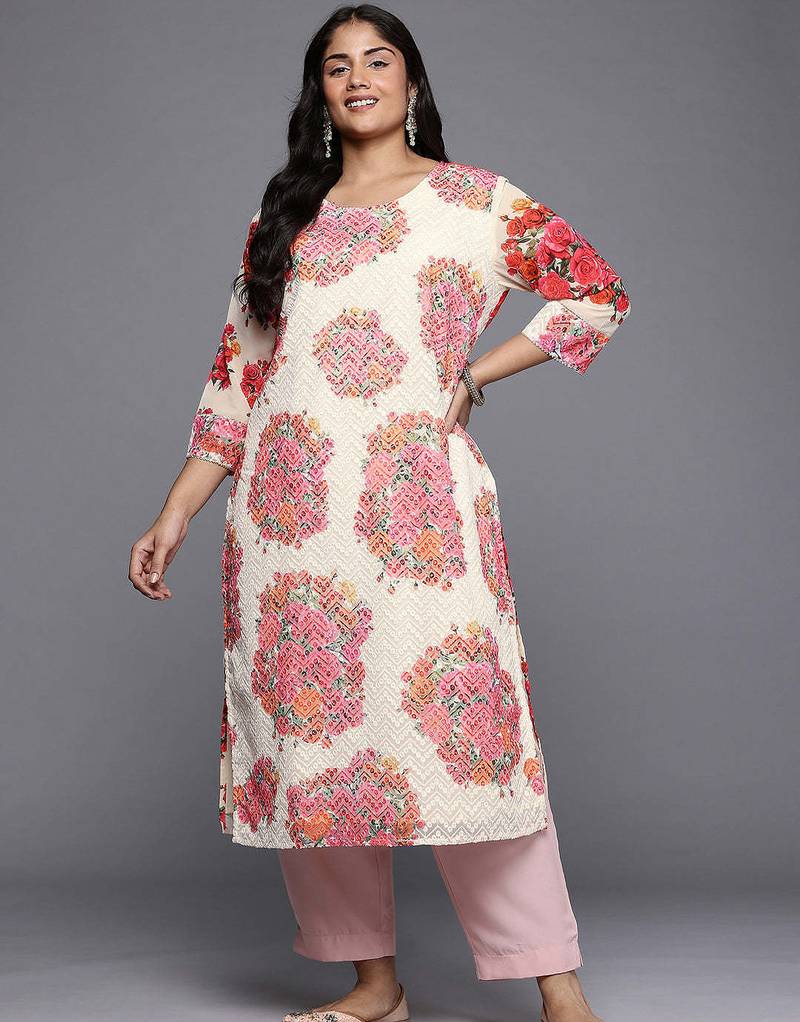 Off white printed georgette long kurtis