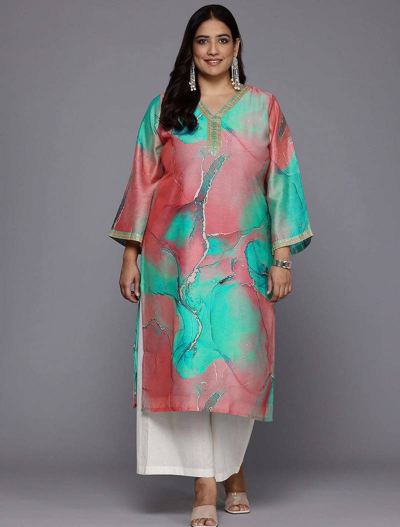 Multicolor printed chanderi silk long kurtis