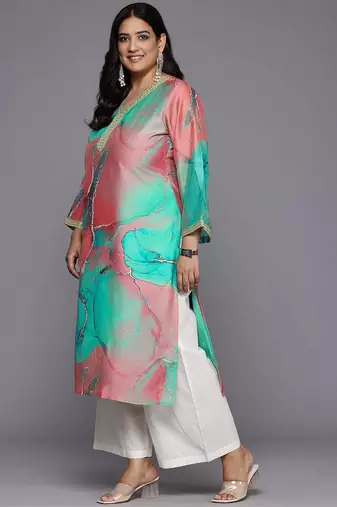 Multicolor printed chanderi silk long kurtis