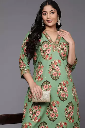 Green printed poly crepe kurta sets