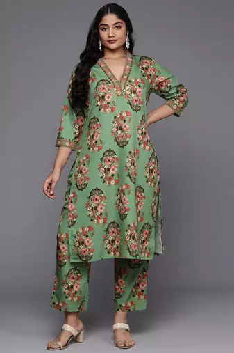Green printed poly crepe kurta sets