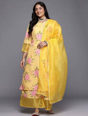 Yellow printed poly crepe kurta sets 1