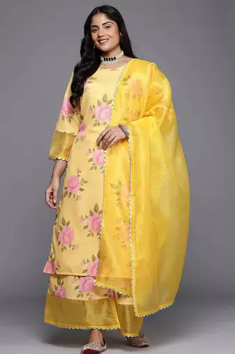 Yellow printed poly crepe kurta sets