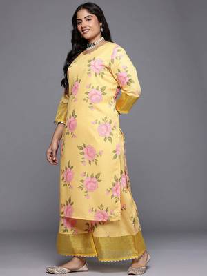 Yellow printed poly crepe kurta sets 5