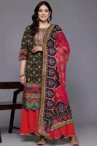 Black printed poly crepe kurta sets