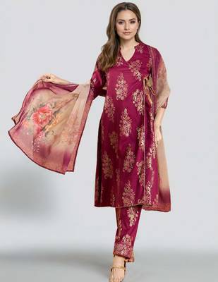 Purple printed silk blend kurta sets 1