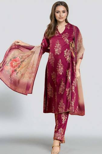 Purple printed silk blend kurta sets