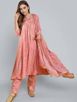 Pink printed silk blend kurta sets 1