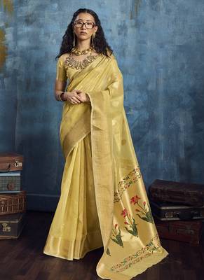 Yellow zari tissue handloom weaving saree 1