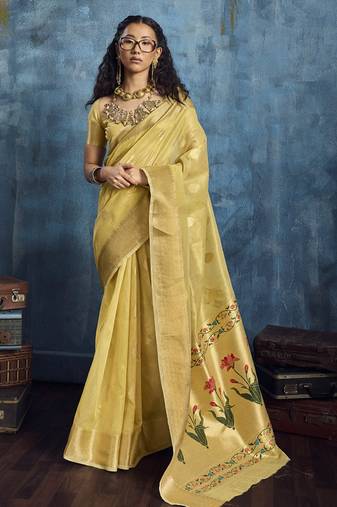 Yellow zari tissue handloom weaving saree