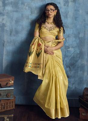 Yellow zari tissue handloom weaving saree 2