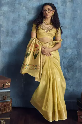 Yellow zari tissue handloom weaving saree