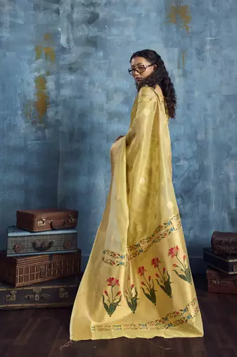 Yellow zari tissue handloom weaving saree