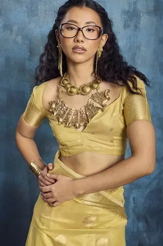 Yellow zari tissue handloom weaving saree