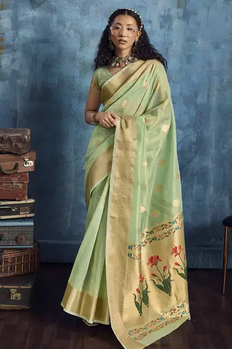 Pista zari tissue handloom weaving saree