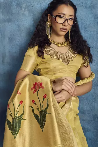 Yellow zari tissue handloom weaving saree