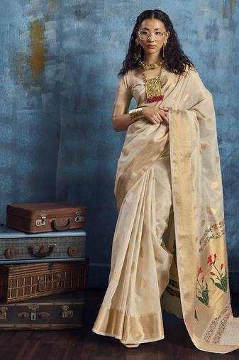 Beige zari tissue handloom weaving saree