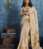 Beige zari tissue handloom weaving saree