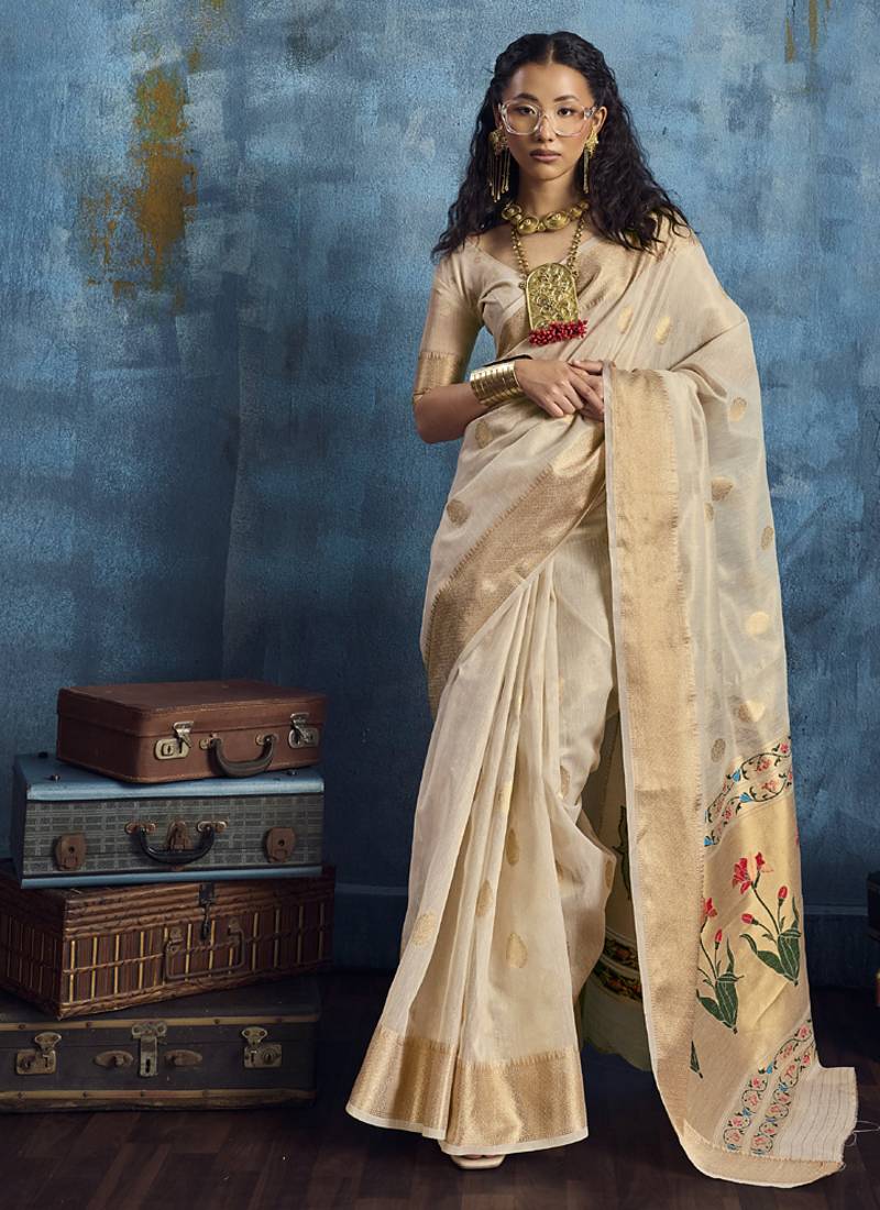 Beige zari tissue handloom weaving saree