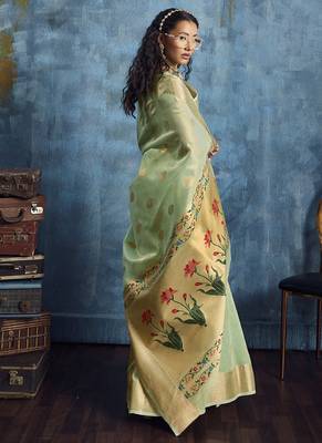 Pista zari tissue handloom weaving saree 3