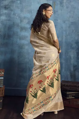 Beige zari tissue handloom weaving saree