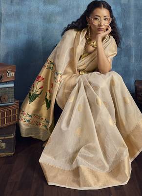 Beige zari tissue handloom weaving saree 3