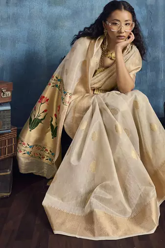 Beige zari tissue handloom weaving saree